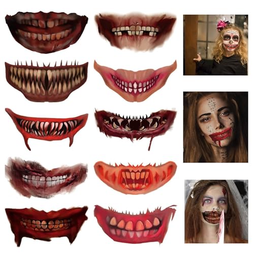 10 Hojas Halloween Tatuajes Temporales, Pegatinas Halloween Joker, Tatuajes Temporales Boca, Aterradora Pegatina Boca, Para Niños y Adultos, Halloween, Dia De Los Muertos, Cosplay, Maquillaje