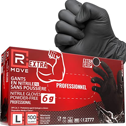 100 guantes de nitrilo L negros extra resistentes 6 g, 60% espesor, sin polvo, sin látex, para ámbitos mecánicos, industriales, tatuadores, esteticistas, peluquerías, guantes de trabajo