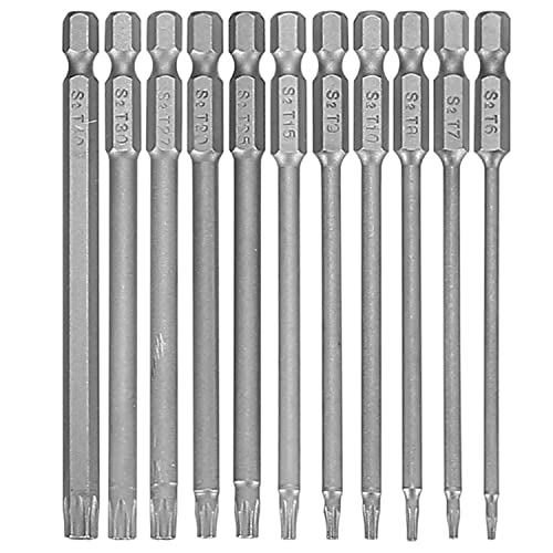 11 Piezas Destornillador Hexagonal Torx Largo, Puntas de Tornillos Torx Hexagonal Magnético, T6-T40 100 mm 1/4 "de Destornilladores Eléctricos de Vástago Hexagonal de Cabeza de Estrella