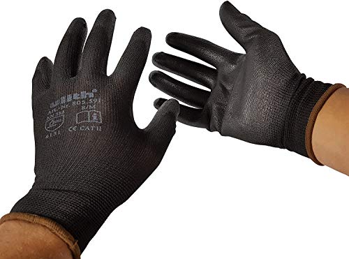 12 pares de guantes de trabajo para construcción, guantes de montaje con revestimiento parcial de poliuretano de Ulith, EN 420, EN 388, disponibles en varias tallas, Negro, Ulith