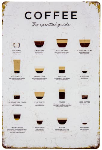 30 x 20 cm Cartel de chapa retro de cocina – Coffee – The essential Guide – Café, Espresso, Capucchino, Caffe Latte Descripción general, póster, explicación, receta