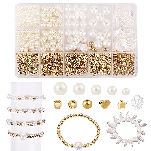 610 Piezas Kit para Hacer Pulseras de Bolitas, 4/6/8/10/12mm Kit para Hacer Pulseras Dijes Cuentas Espaciadoras Cuentas de Perlas para Pulseras Hacer Joyas (Beige)