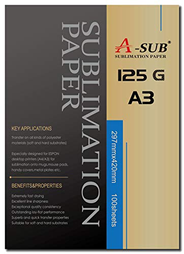 A-SUB Papel de sublimación A3, 100 hojas, 125g/m², Compatible con la impresora de sublimación EPSON, SAWGRASS, RICOH, BROTHER