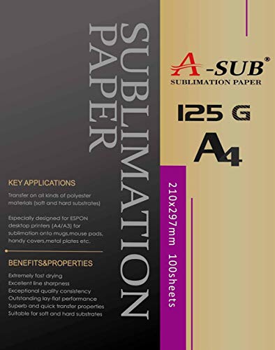 A-SUB Papel de sublimación A4, 210x297 mm, 100 hojas, 125 g/m², Compatible con la impresora de sublimación EPSON, SAWGRASS, RICOH, BROTHER