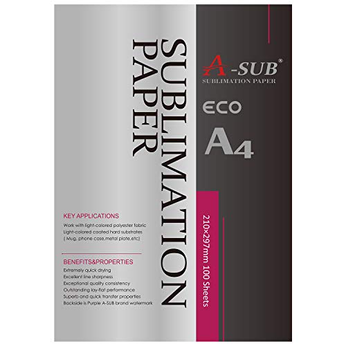 A-SUB Papel de sublimación A4, 210x297 mm, 100 hojas, Compatible con la impresoras de sublimación EPSON, SAWGRASS, RICOH, BROTHER