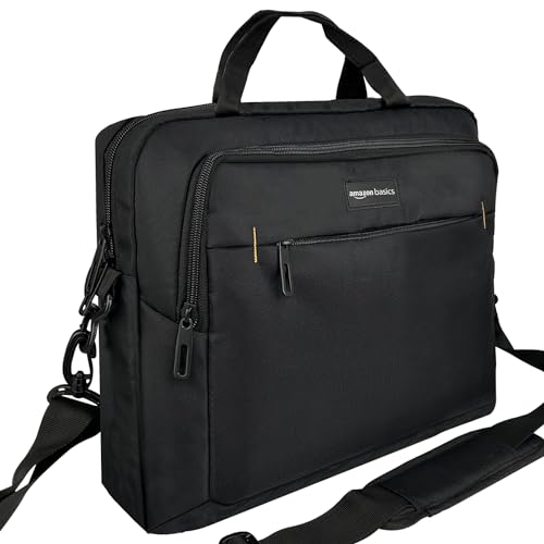 Amazon Basics - Maletín compacto para portátil con correa para el hombro y bolsillos para accesorios (15,6 pulgadas, 40 cm), negro, 1 unidad