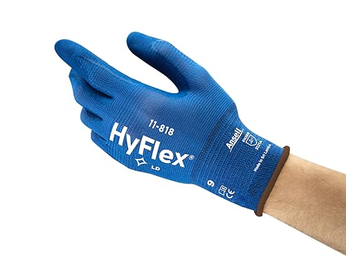 Ansell HyFlex 11-818 Guantes de Trabajo Mecánico, Tecnología Mejorad Agarre y Confort, Protección Mecánica Industrial, Seguridad y Destreza, Guante Multiuso Hombre Mujer, Azul, Talla L (12 Pares)