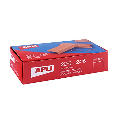 APLI 18964 - Pack de 10.000 grapas de cobre galvanizadas no. 22/6 - 24/6 - 10 cajitas de 1000 grapas