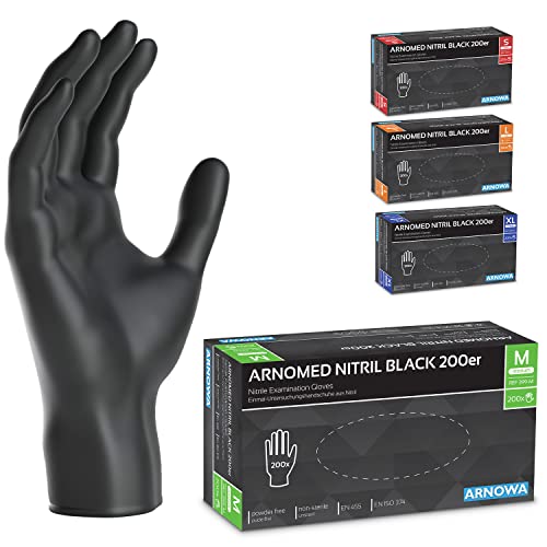 ARNOMED Guantes nitrilo M, 200 uds/caja, guantes nitrilo talla S, M, L o XL, guantes nitrilo negro, guantes de nitrilo sin polvo y látex, guantes negros nitrilo, guante nitrilo, guantes nitrilo negros