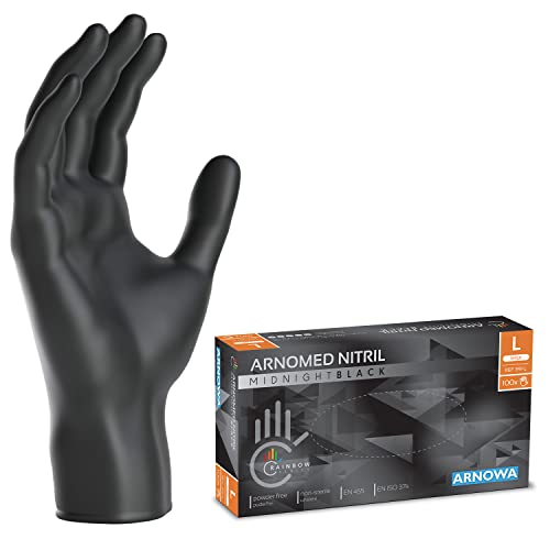 ARNOMED Guantes nitrilo negro talla L, guantes de nitrilo, caja guantes nitrilo 100 unidades, guantes negros nitrilo sin polvo y látex, desechables, guantes nitrilo mecanico en XS, S, M, L, XL, XXL