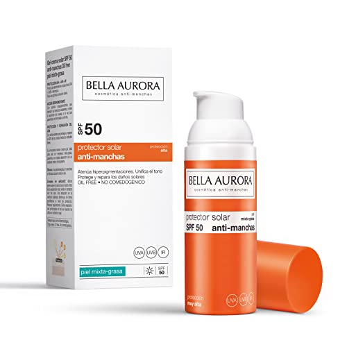 Bella Aurora Protector Solar SPF 50+ Facial Anti-Manchas Piel Mixta Grasa, 50 ml | Crema Protección del Sol Cara | Bloqueador Solar