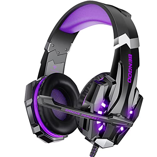 BENGOO Auriculares de Diadema con Cable para Juegos con Sonido Envolvente y Graves estéreo para PS4, PC, Mac Nintendo, mandos Xbox One con micrófono, cancelación de Ruido y luz LED (Morado).