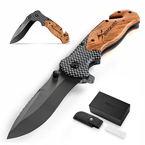 BERGKVIST® K19 Cuchillo Plegable con Mango de Madera y aleación de Titanio para Exteriores y Supervivencia - Navaja de Bolsillo 3 en 1 con rompecristales y cortacinturones