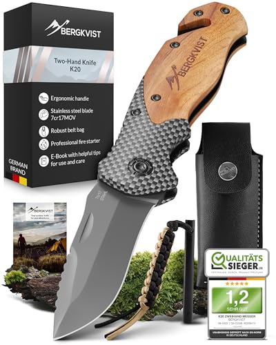 BERGKVIST® K20 Cuchillo Plegable (navaja de dos manos) con mango de madera y aleación de titanio - Navaja de bolsillo 3 en 1 con rompecristales y cortacinturones