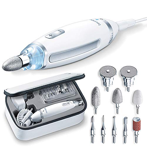 Beurer MP 62 Set de manicura y pedicura, torno para uñas eléctrico con 10 accesorios de alta calidad, luz LED, control de velocidad infinitamente variable, con bolsa de almacenamiento