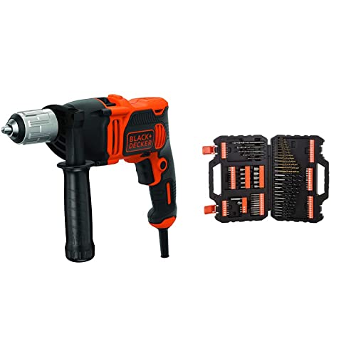 BLACK+DECKER BEH850-QS Taladro percutor 850W, portabrocas de sujeción rápida de 13 mm + A7200-XJ Juego de 109 piezas para atornillar y taladrar con brocas Titanio