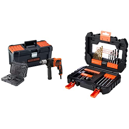 BLACK+DECKER BEH850KA32 Taladro percutor con cable 850W Velocidad Electrónica + A7233-XJ Juego de 31 Piezas para Atornillar y Taladrar con Maletin de fácil Transporte y Brocas Titanio