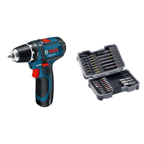 Bosch GSR 10,8-2-LI Professional - Taladro (Ión de litio, 10.8 V, 2.0 Ah, 169 mm, 178 mm, 950 g) Negro, Azul + Pack de 43 puntas de atornillar y llaves de vaso, tipo PH/PZ/SL/H/T/TH