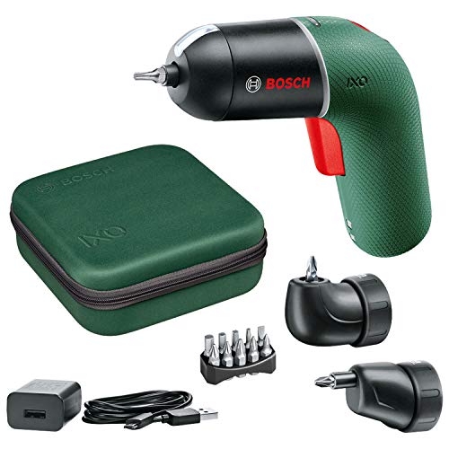 Bosch Home and Garden atornillador a batería IXO Set 6a generación, verde, con adaptadores angular y excéntrico IXO, CONTROL DE VELOCIDAD variable, recargable cable micro-USB, en maletín blando