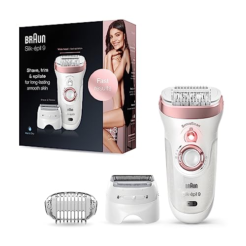 Braun Silk-épil 9 Depiladora Eléctrica Mujer con Tecnologí­a SensoSmart y Cabezal de Afeitado y Recorte, Uso en Seco y en Mojado, Inalámbrica, 9-720, Blanco/Oro Rosa