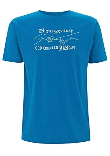 Camiseta de hombre cueva creada por Dios en el sexto día, herramienta para cobertizo de hobbie, para hombre, pasatiempo, moto, herramientas para bicicleta Azul azul eléctrico L
