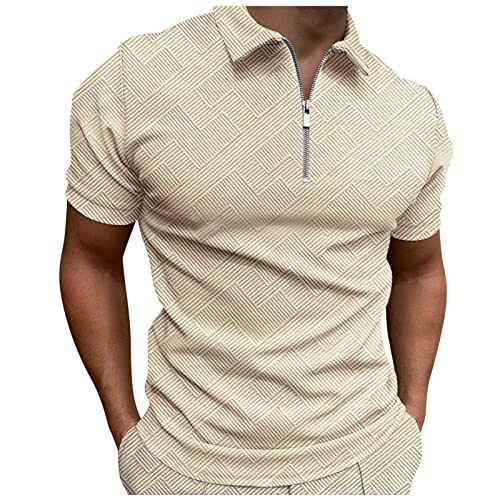 CANDE Polo estampado masculino primavera y verano algodón jacquard manga corta top liso estampado geométrico cremallera camiseta polo estampado, Beige-1, XL