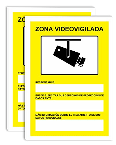Cartel Videovigilancia Rigido Pack 2ud A4 de 3 mm Grosor Zona Videovigilada Grabacion de Imagenes Interior Exterior (Zona Videovigilada)