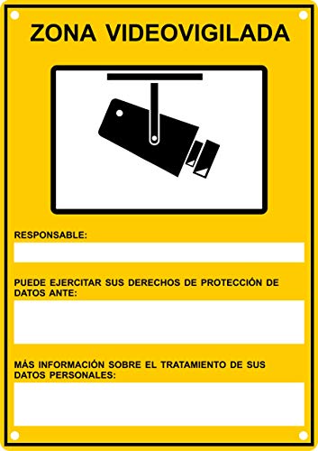 Cartel Zona Videovigilada Nuevo Modelo Homologado A5 Interior/exterior, Cartel Disuasorio Pvc Flexible, Placa Videovigilancia 21x15 cm, Amarillo