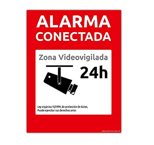 Carteles Alarma conectada disuasorio Zona vigilada 24h Color Rojo 24 Horas videovigilada vigilada disuasorios. Varios tamaños disponibles y tipos de carteles rígidos o pegatinas. (Pegatina, A4)