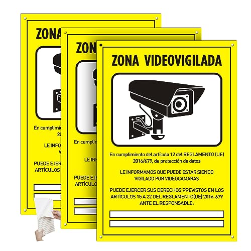 DAOUZL Señal Zona Videovigilada, Cartel de PVC glaspack 0,7mm A4 21 x 30cm, 3 PCS Carteles de Zona Videovigilada, Cartel Zona Videovigilada Interior/Exterior, con Autoadhesivo y Agujeros Pretaladrados