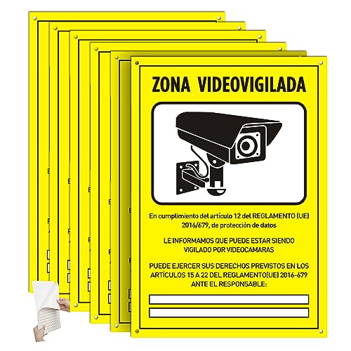 DAOUZL Señal Zona Videovigilada, Cartel Videovigilancia 30x 21cm, Carteles de Zona Videovigilada, Cartel Zona Videovigilada Interior/Exterior, PVC, con Autoadhesivo y Agujeros Pretaladrados (6)
