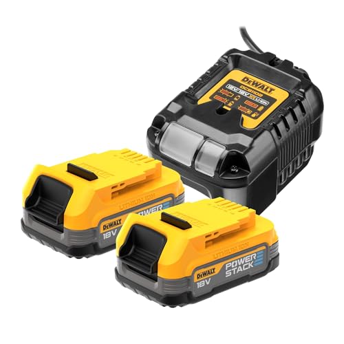 DEWALT DCB1102E2-QW - Kit de baterías 18V Powerstack 1,7 Ah, Tecnología innovadora de celdas tipo bolsa, Indicador de capacidad a través de LEDs, Incluye 2 baterías y cargador