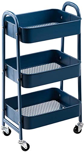 DOEWORKS - Organizador metálico de 3 niveles con ruedas y asas para el baño, cocina, salón u oficina (color azul marino)