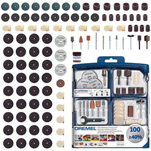 Dremel 723 Kit de 100 Accesorios Variados - Juego de Accesorios para Herramienta Rotativa para Tallar, Fresar, Amolar, Limpiar, Pulir, Cortar, Lijar y Grabar