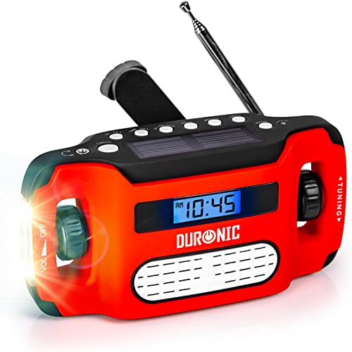 Duronic Apex Radio Am FM Portátil Pequeña Recargable Linterna |Carga Solar USB o Manivela Dinamo | Conector Auriculares y Alarma | Pantalla Digital Retroiluminada Emergencias Camping Senderismo