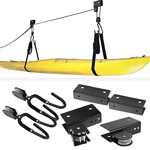 Elevador de Kayak, Polipastos de Canoa de Almacenamiento en Garaje con Cuerda Duradera, Estante de polea suspendido con Ganchos para Tabla de Paleta, Canoa, Bicicleta - Capacidad de 125 LB