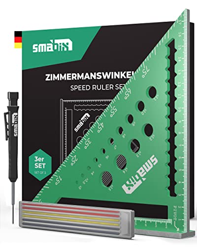 Escuadra de carpintero Smabix® 5 en 1 I Set de 3 con marcador de agujeros profundos y minas de repuesto I incl. Instrucciones en vídeo, escuadra de carpintero de 18 cm, ángulo de 90 grados