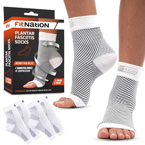 FIT NATION Calcetines compresivos para mujer y hombre. Ideal para el alivio de fascitis plantar y el soporte del tobillo. 2 pares de calcetines compresivos por pack. Blanco