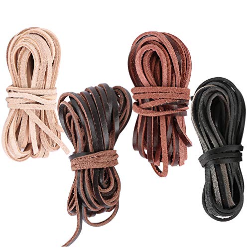 FLOFIA 3mm*20m Cordón de Cuero Plano 4 Colores, Banda Cintas de Cuero Leather Cord Tira Cuero para Colgante Pulsera Collar Manualidades Colores Mixtos