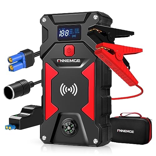 FNNEMGE Arrancador de Coches,3500A Peak 26800mAh 12V Super Safe Jump Starter (para Todo vehículo de Gasolina o 10,0L de Diesel), con Cargador inalámbrico de 10W, Carga rápida USB 3.0 …