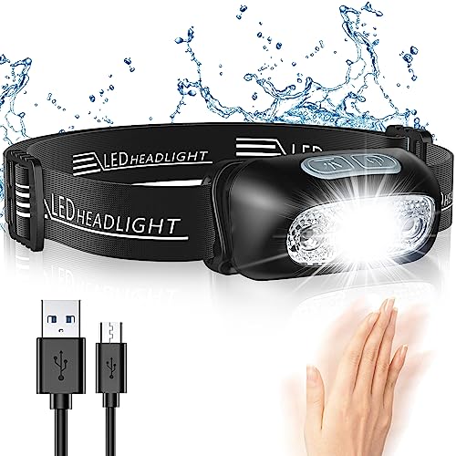 Glangeh Linterna Frontal, Impermeable IPX6 Frontal LED Recargable USB 4 Modes de Luz con Sensor, 500 Lúmenes Linterna Cabeza 1200mAh con Ajustable Ángulo & Correa para Camping Correr Pesca Ciclismo