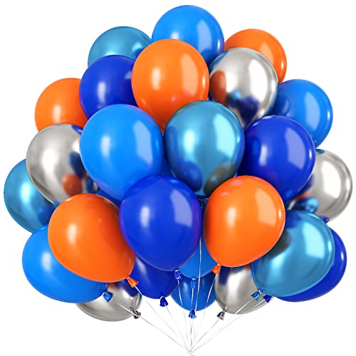 Globos de color naranja azul, 50 globos de plata metálica de color azul naranja de 12.0 in con cintas para fiesta de cumpleaños, fiesta temática del espacio exterior, decoraciones de graduación