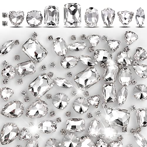 Grevosea 100 Pedazos De Diamantes De Imitación Para Manualidades, Coser En Varias Formas, Cristales Transparentes Para Coser En Gemas De Cristal Con Garra De Plata Para Joyas, Manualidades