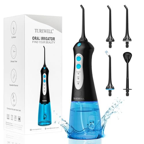 Hidropulsor de chorro dental -TUREWELL portátil irrigador oral con 3 modos y 6 boquillas, USB recargable y IPX7 impermeable, 300 ml limpiador de dientes para el hogar y los viajes