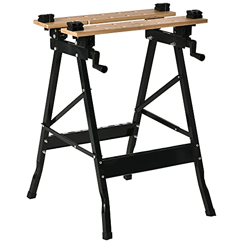 HOMCOM Banco de Trabajo Plegable Portátil con Tableros Ajustables en Ángulo y Distancia Bambú y Acero Carga Máx. 150 kg 63,5x60,5x78 cm Madera Natural y Negro