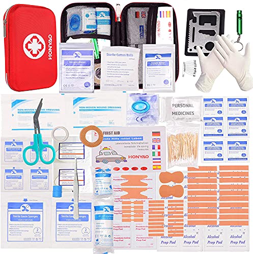 HONYAO Botiquín de Primeros Auxilios de 200 Piezas, Mini Kit de Supervivencia Bolsa Médico de Emergencia Completo para Hogar Coche Barco Lugar Trabajo Mochila y Acampar Senderismo Viaje