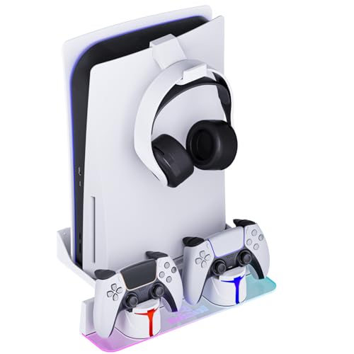 Hosanwell Soporte de Pared para PS5 con Estación de Carga, Compatible con PS5/PS5 Slim Disc & Digital Versión, Estación de Carga con Multimodo RGB Luz, Blanco