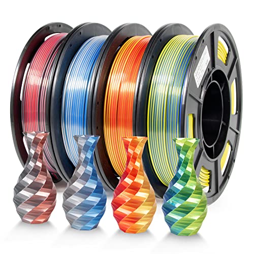 IEMAI Filamento PLA 1,75 mm, juego de filamentos para impresora 3D, filamento dual de seda, PLA dorado, rojo, azul, plata, azul, amarillo, rojo, plata, 4 bobinas de 250 g