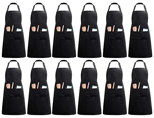 InnoGear 12 Piezas Delantales de chef con 2 bolsillos, unisex, ajustables, delantales, para hombre, mujer, para casa, cocina, restaurante, cafetería (poliéster negro)