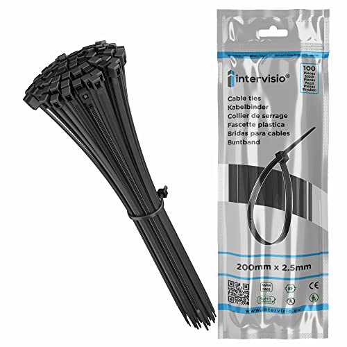 intervisio Bridas de Plastico para Cables 200mm x 2,5mm, Negro, 100 Piezas